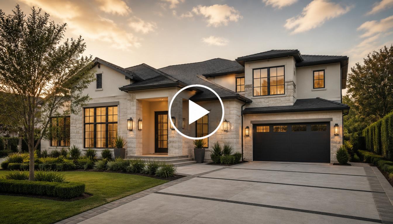 Modern home with a video play button overlay, representing a property walkthrough video